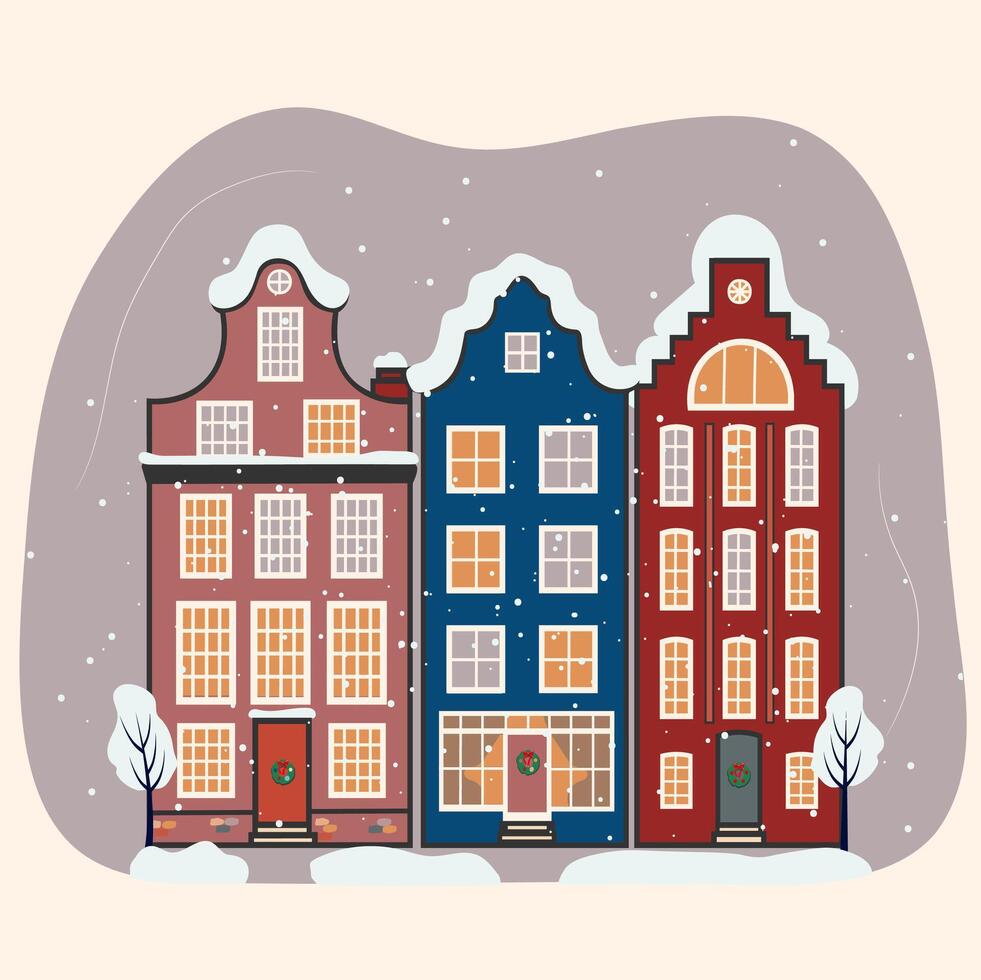A Danish cottages , illustration of three snow covered houses, illustration of three charming houses in the snow vector