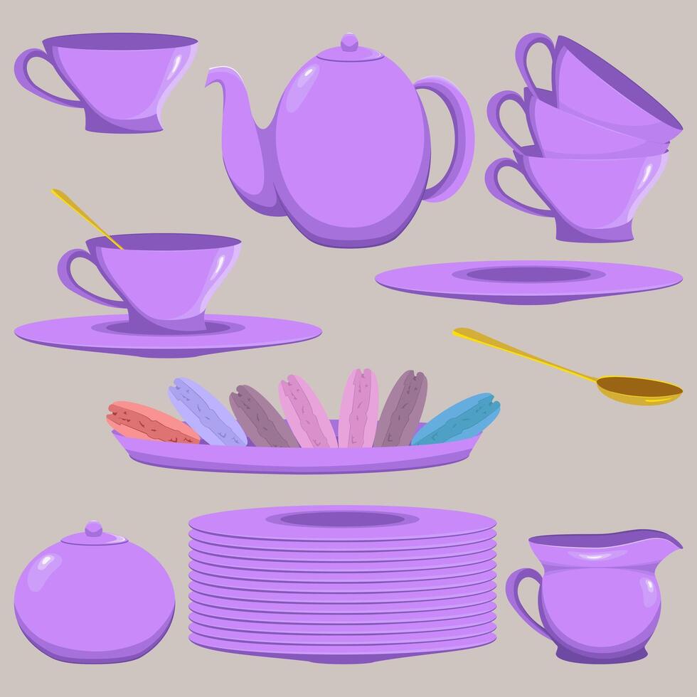 illustration of porcelain teaware set on beige background vector