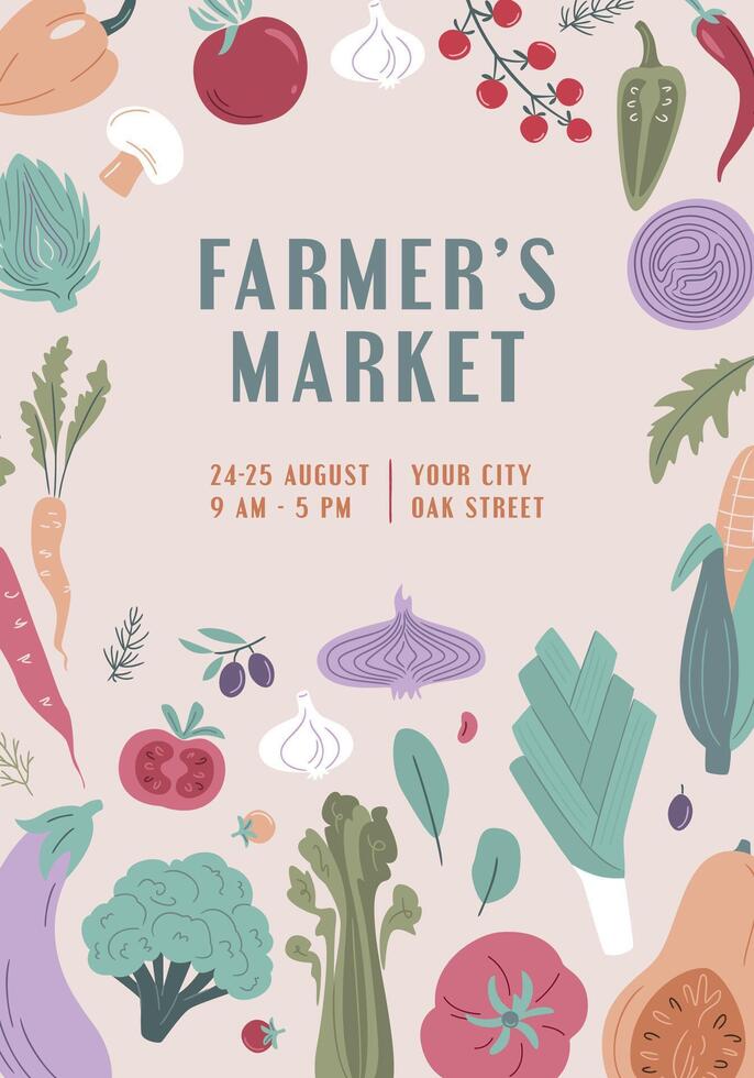 Farmers Market, Organic Farm, Harvest Festival, Agricultural fair banner or poster. Flat illustration. Announcement for seasonal agricultural fair isolated. Hand drawn banner template vector