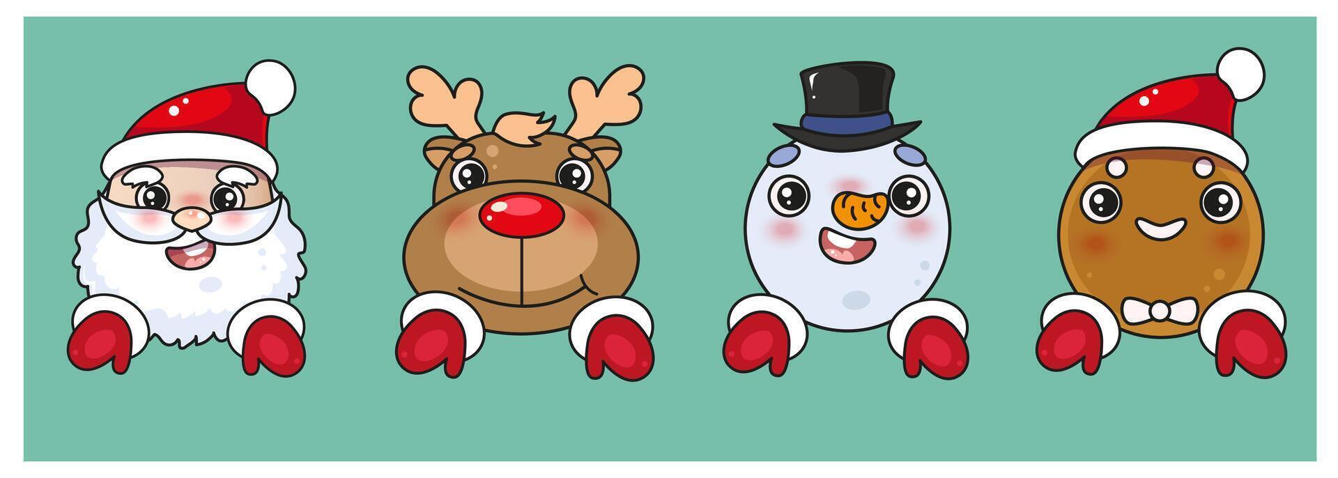 Cute Christmas characters Santa, reindeer, snowman, ginger man. Stickers vector
