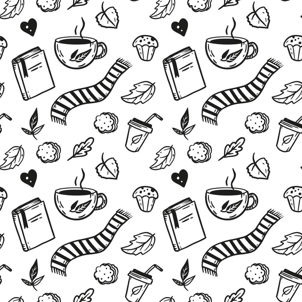 line art autumn pattern with coffee, book, cookies, muffin and leaves. Black and white background vector