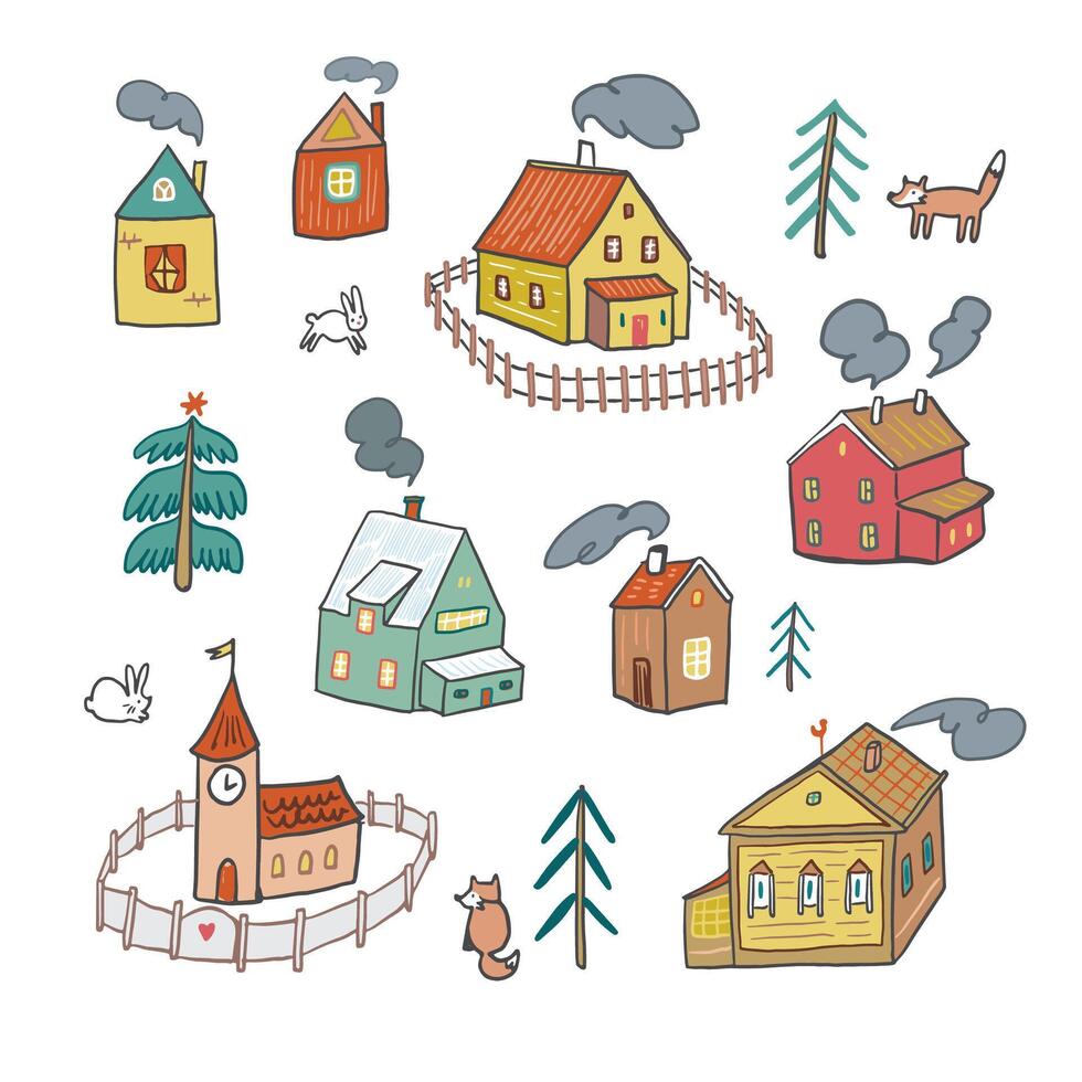A set of cartoon houses and trees in winter vector