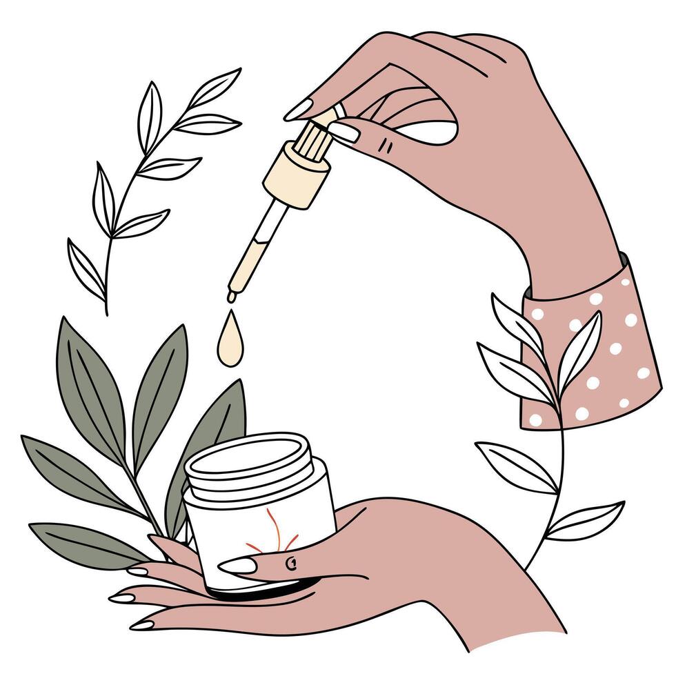 Hands holding a jar of cream and leaves vector