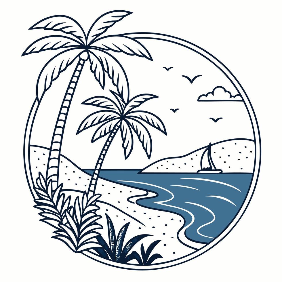 A palm tree and a boat on the beach with a sailboat vector