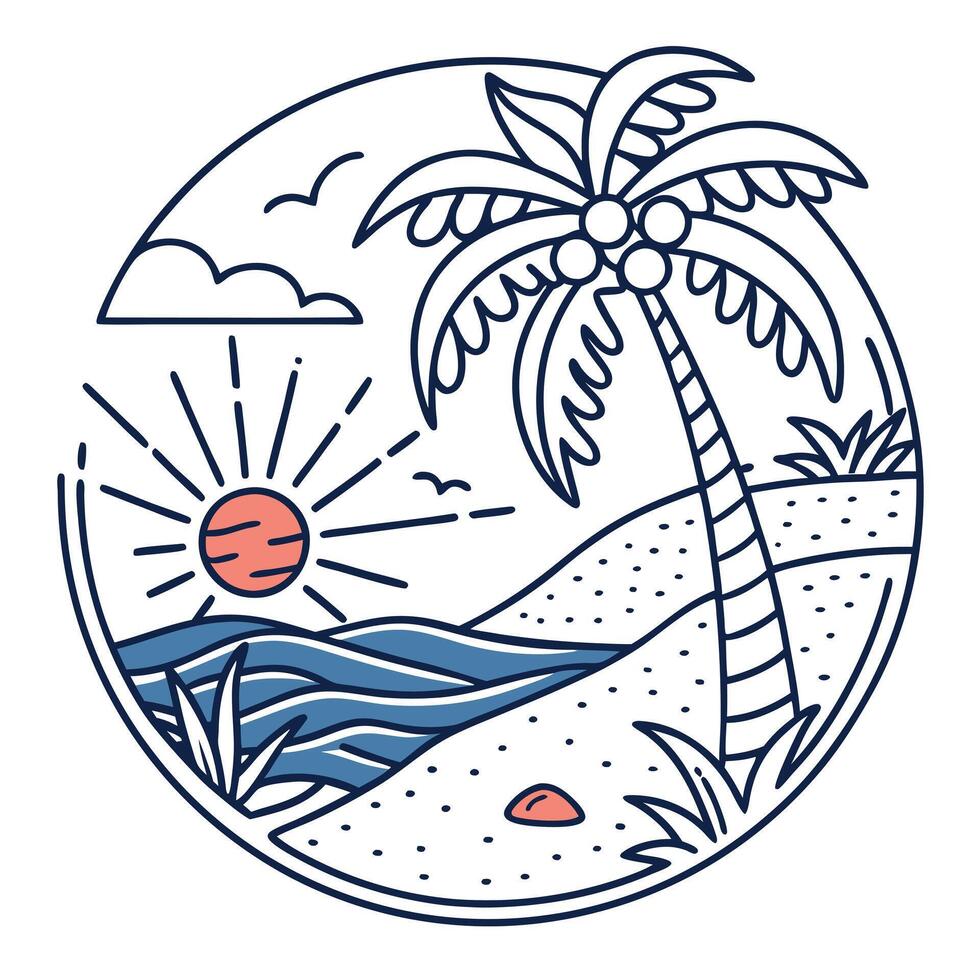 A palm tree and a beach with waves and a sunset vector