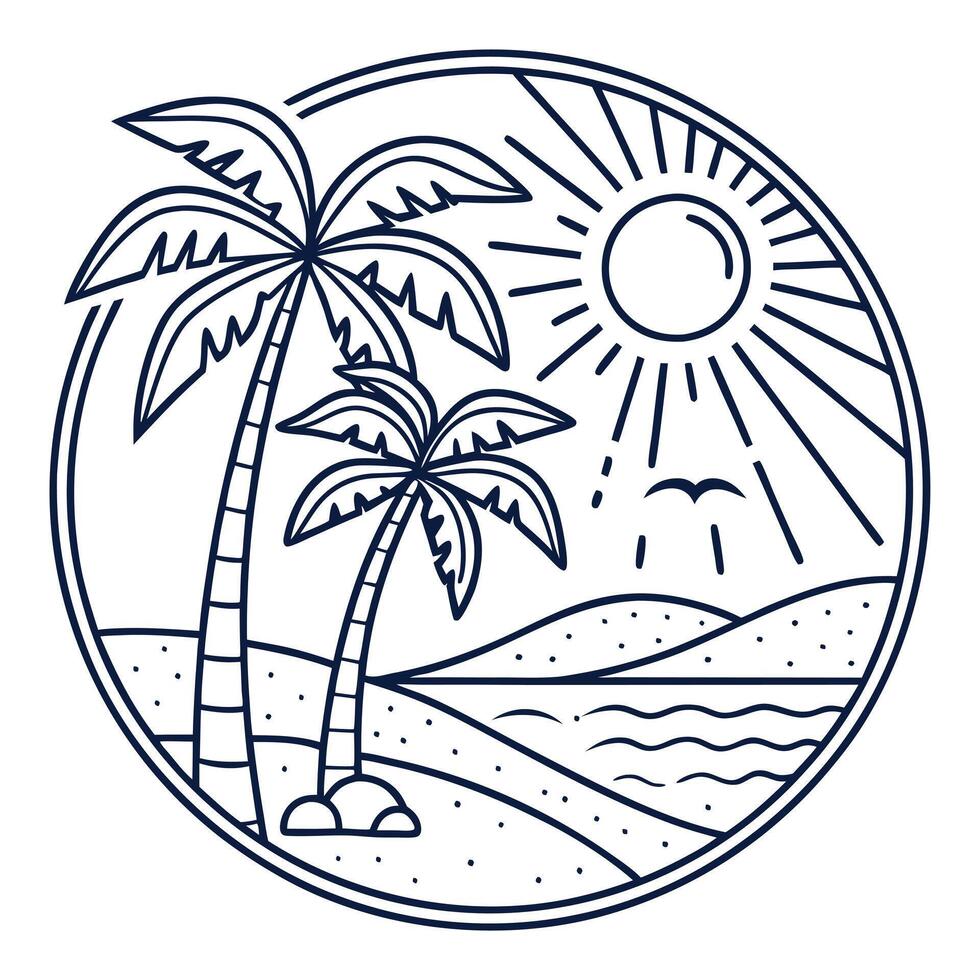 A palm tree and a beach with a sun and waves vector