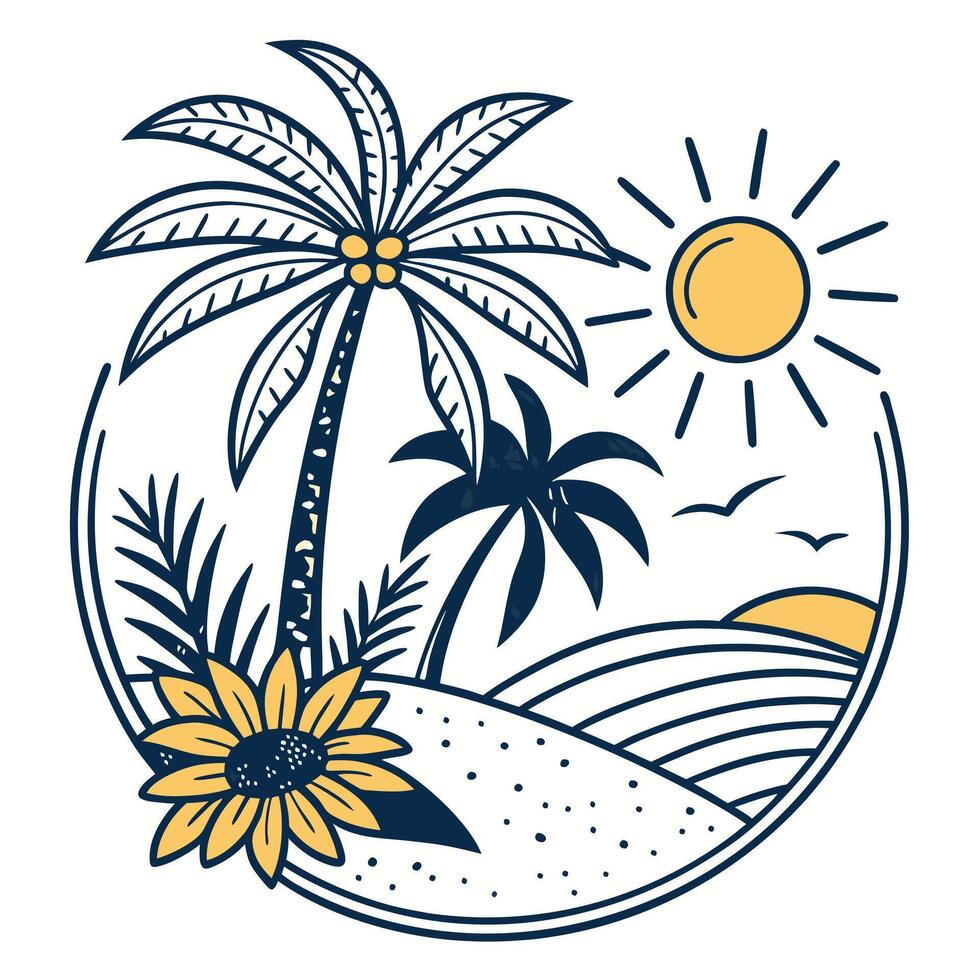 Tropical palm trees and sunflower on the beach vector