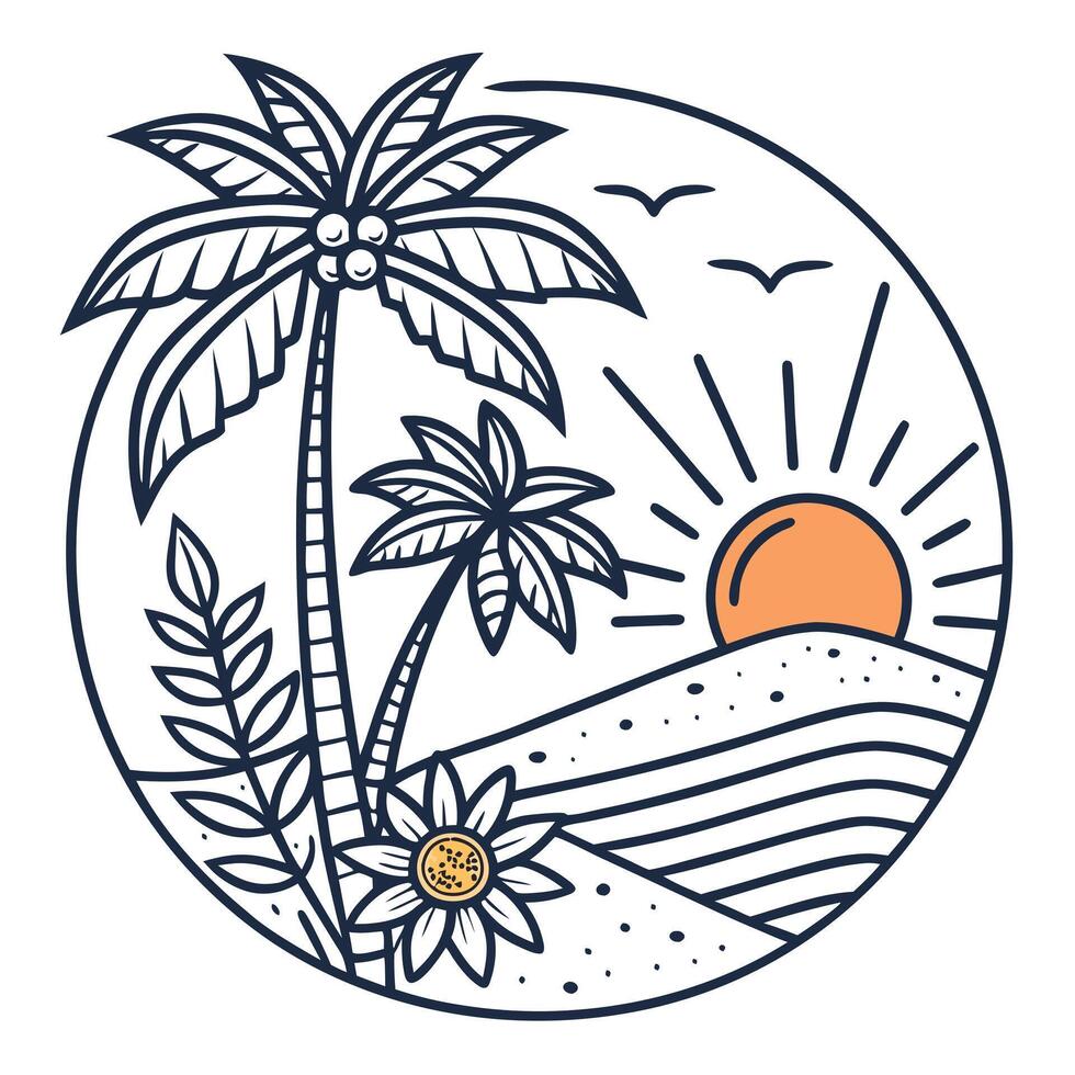 A palm tree and a sunset in a circle vector