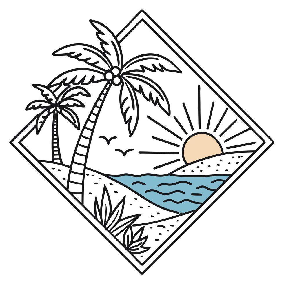 A palm tree and a beach with a sun and a bird vector