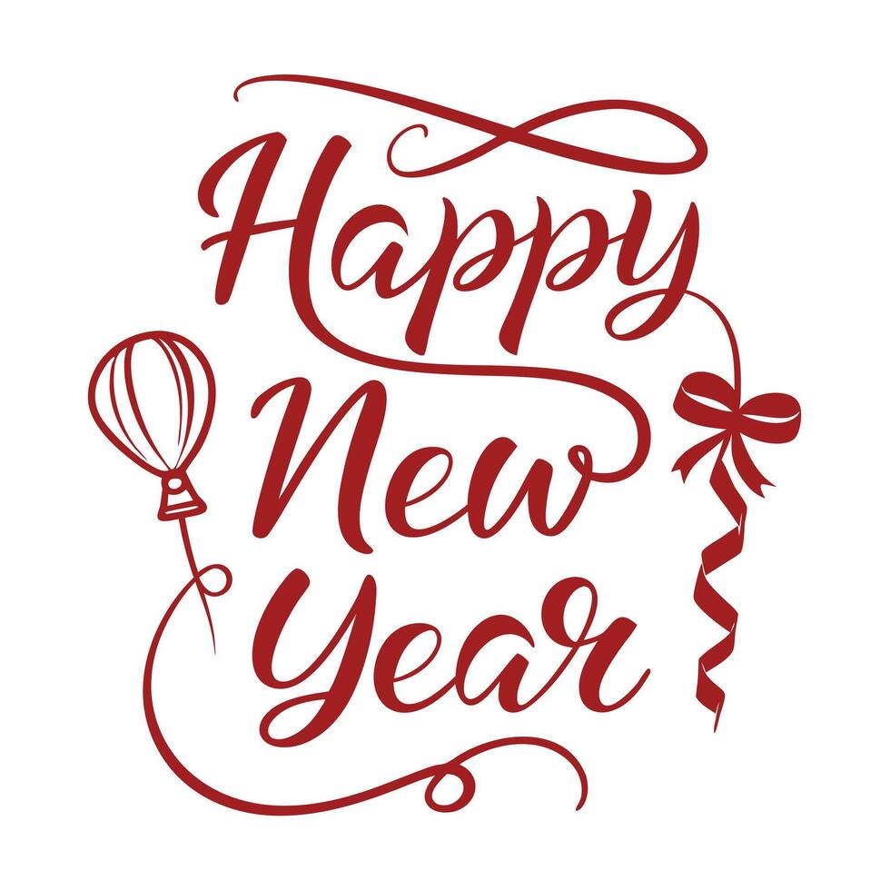 Happy new year text with red balloon and ribbon vector