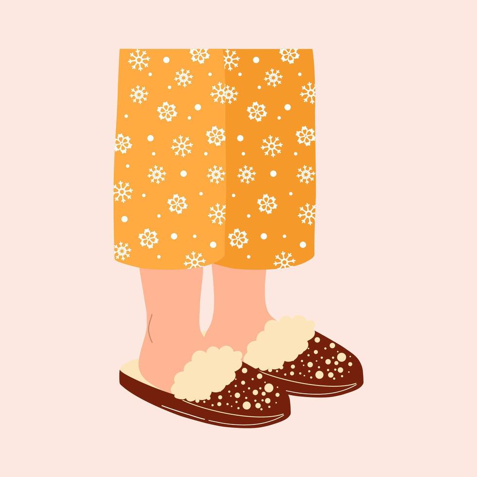 Legs in pyjama with snowflakes and cosy slippers. Christmas hand drawn design vector