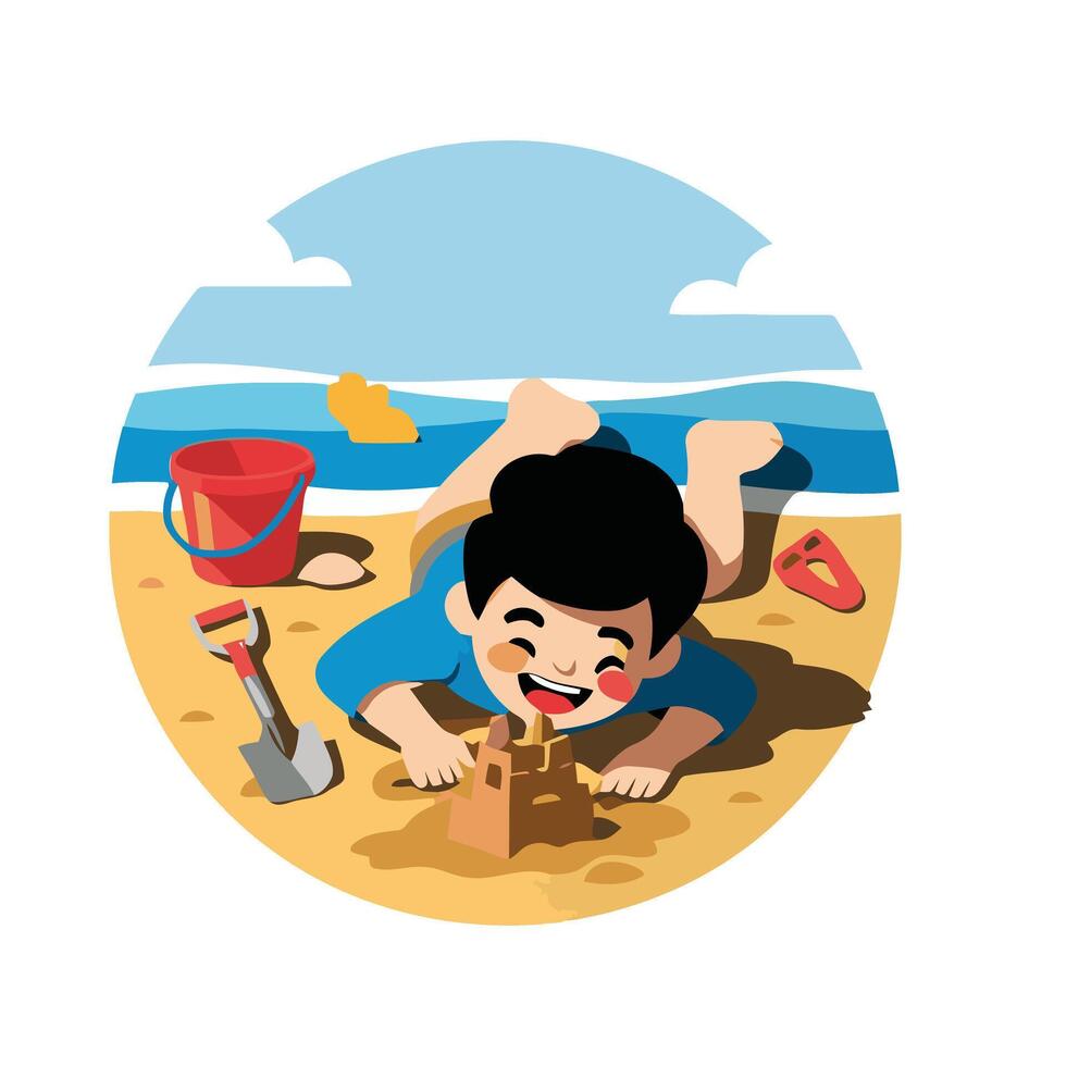 A boy playing in the sand on the beach vector