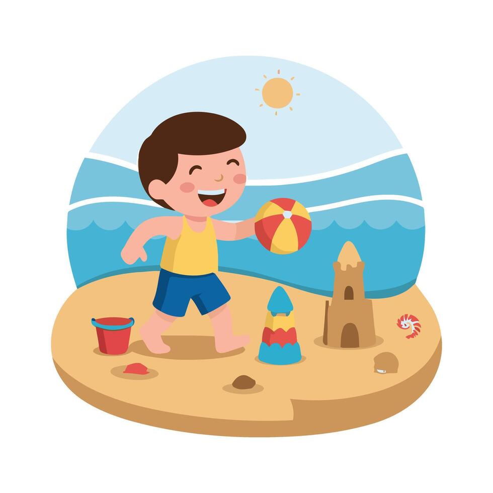 A boy playing with a ball on the beach vector