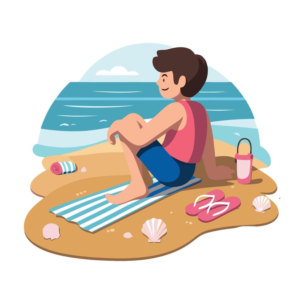A man sitting on the beach with a towel and a bottle vector