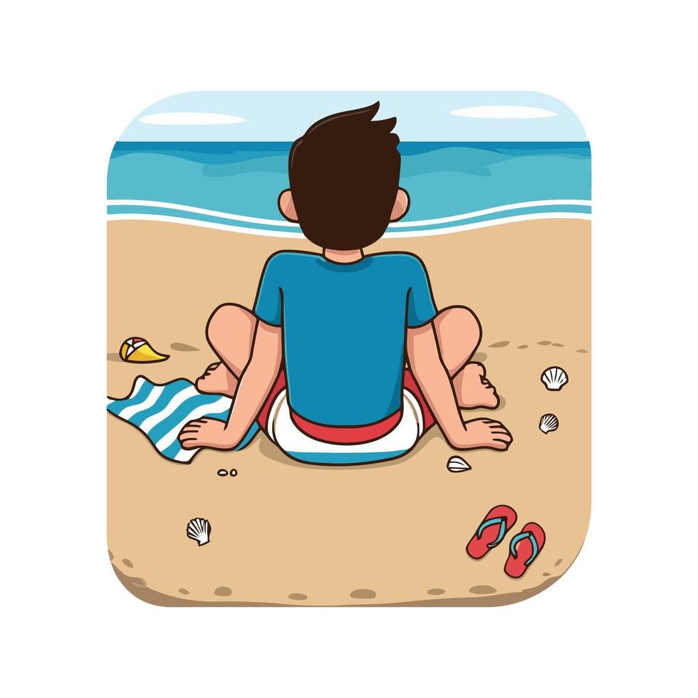 A cartoon boy sitting on the beach with his feet in the sand vector