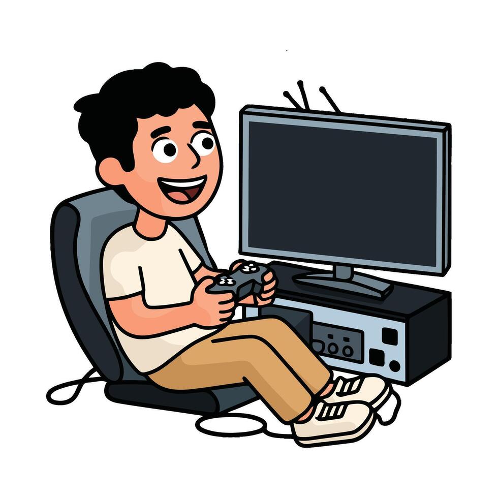 A cartoon boy playing games on a chair vector