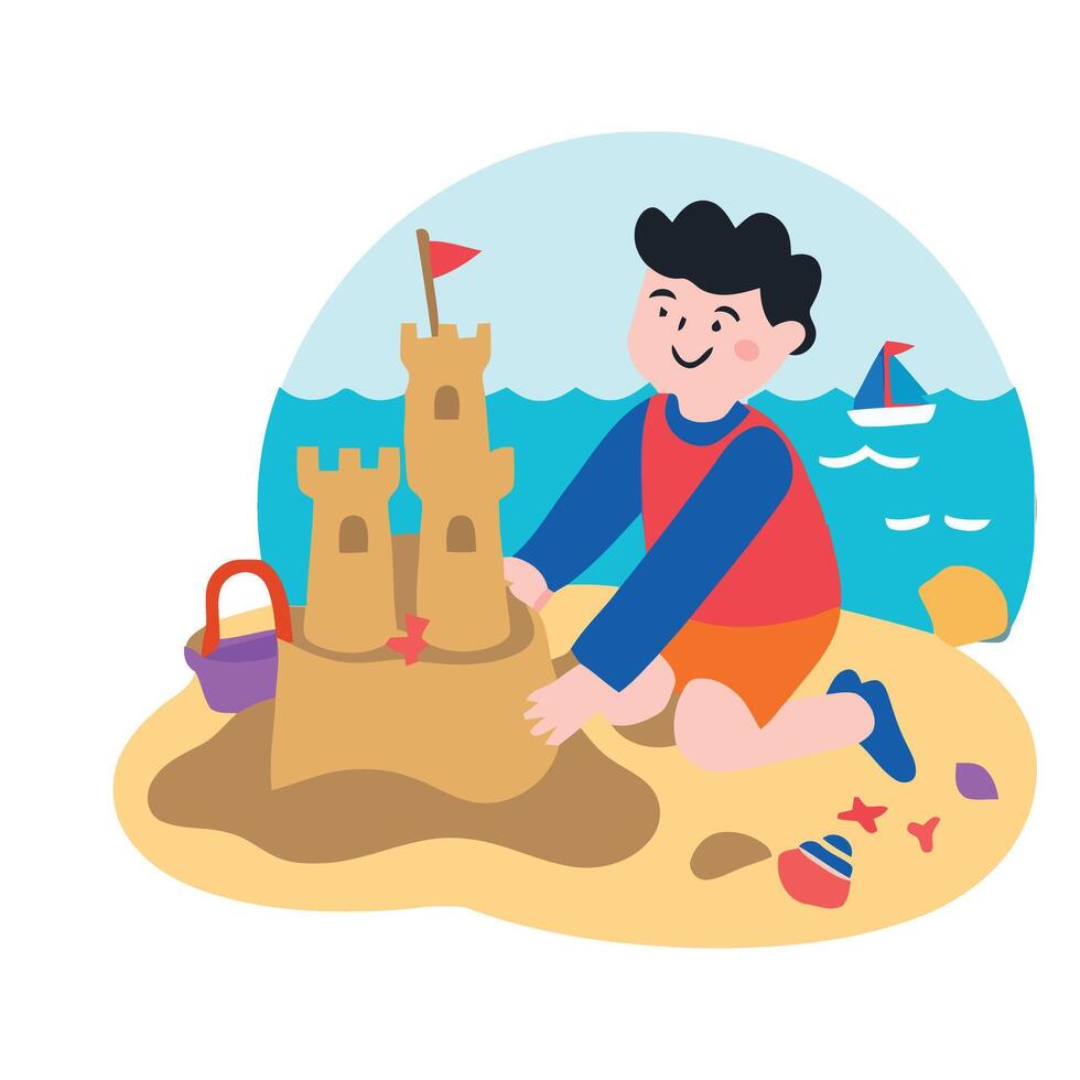 A boy is building a sand castle on the beach vector