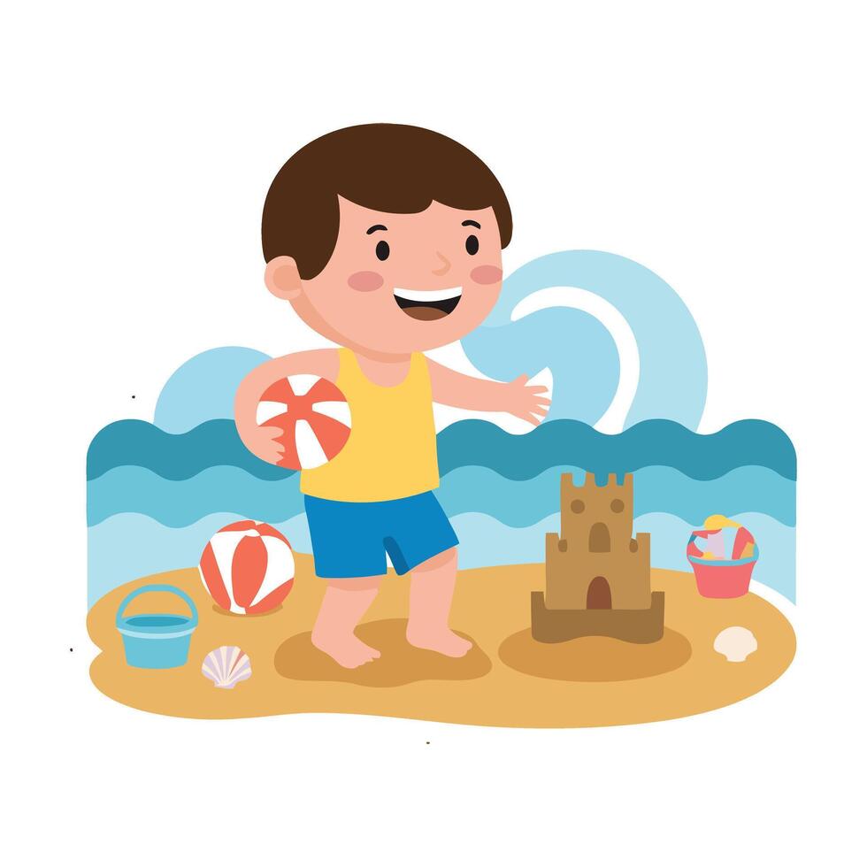 A boy playing with sand and toys on the beach vector