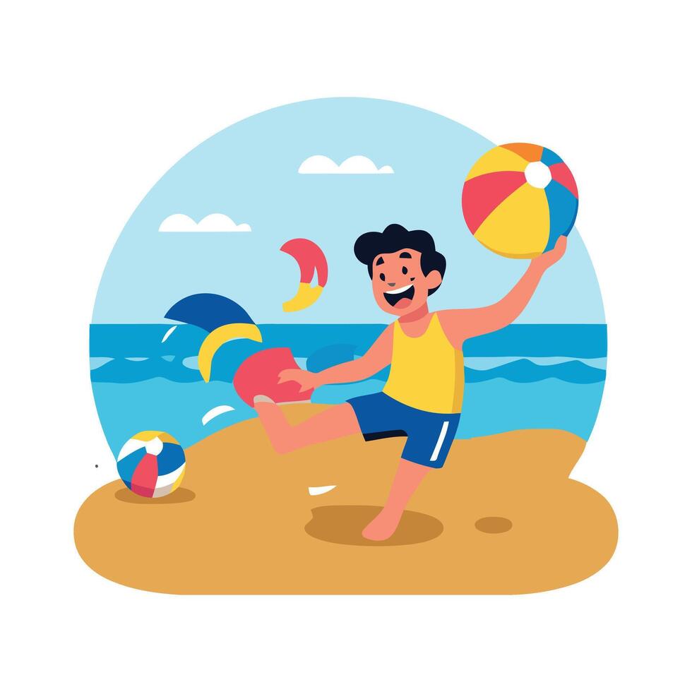 A man playing with a beach ball on the beach vector
