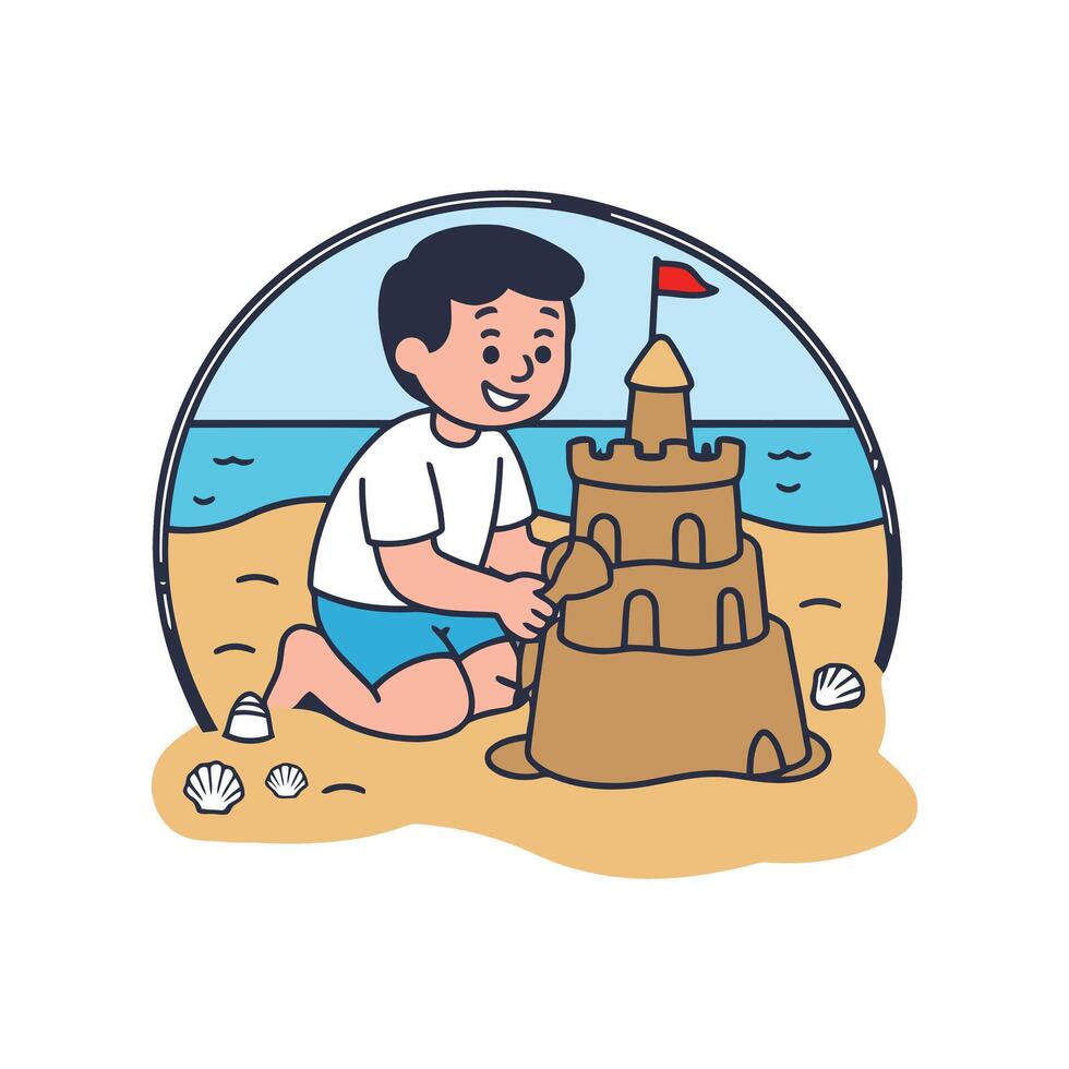 A boy building a sand castle on the beach vector