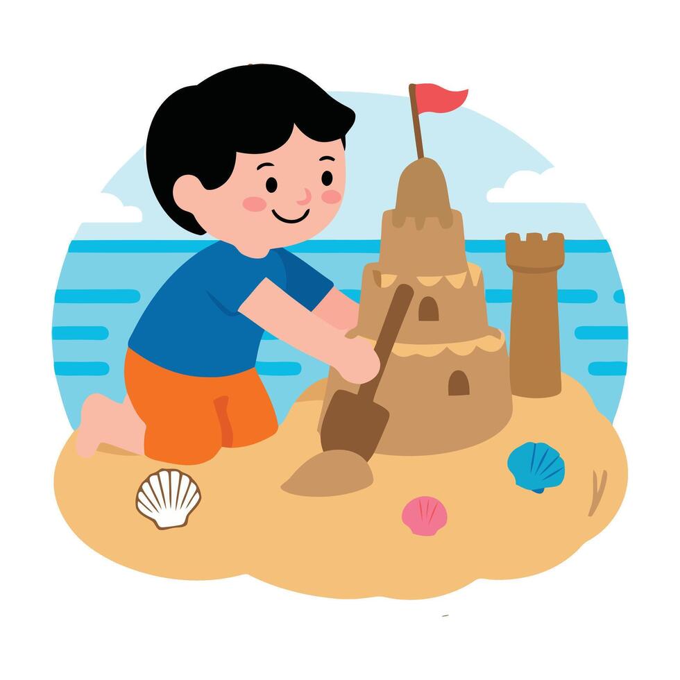 A boy is building a sand castle on the beach vector