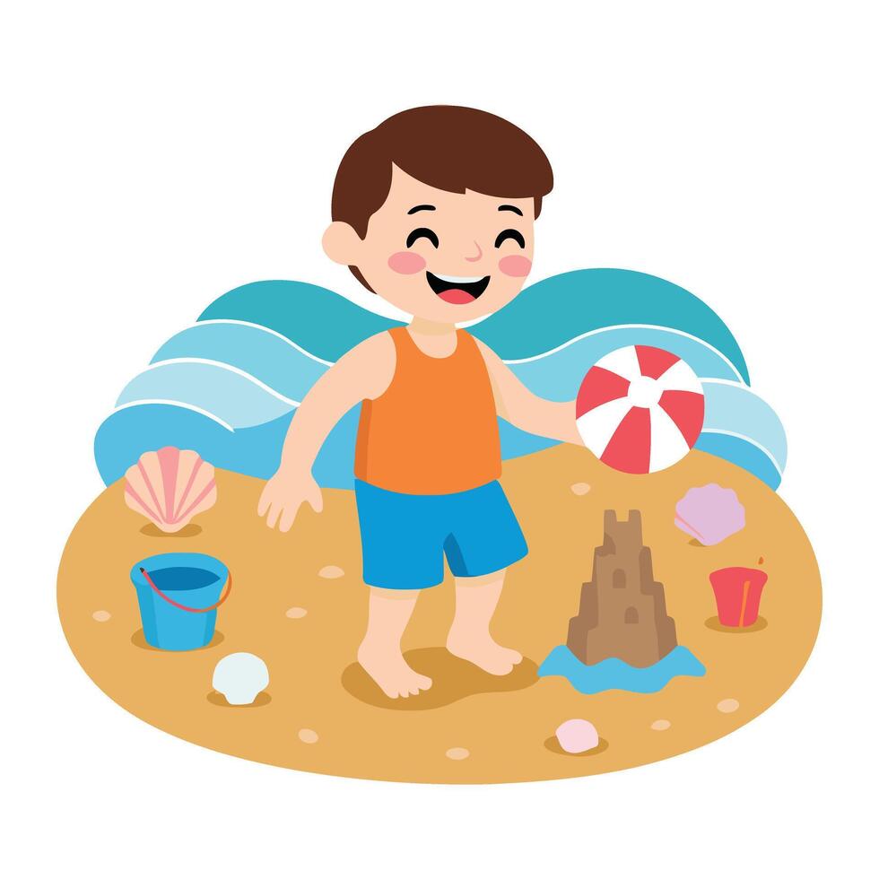 A boy playing with sand and toys on the beach vector