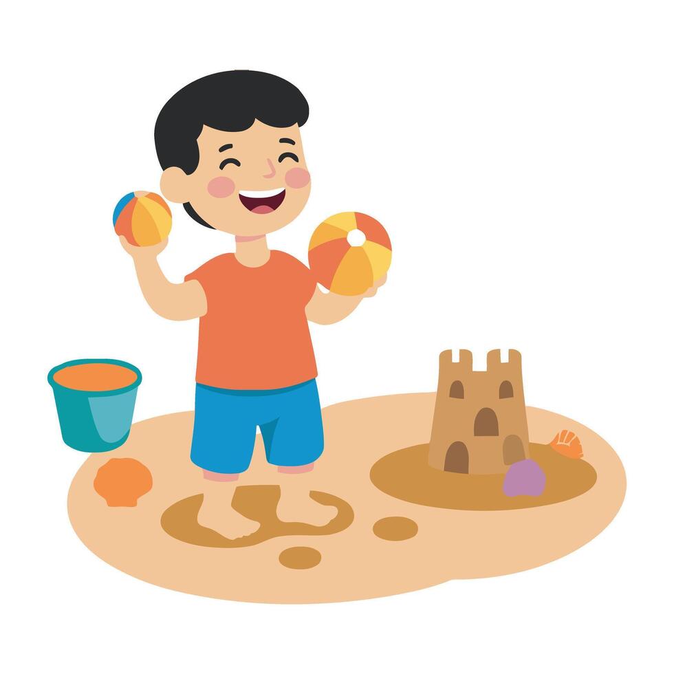 A boy playing with sand and balls on the beach vector