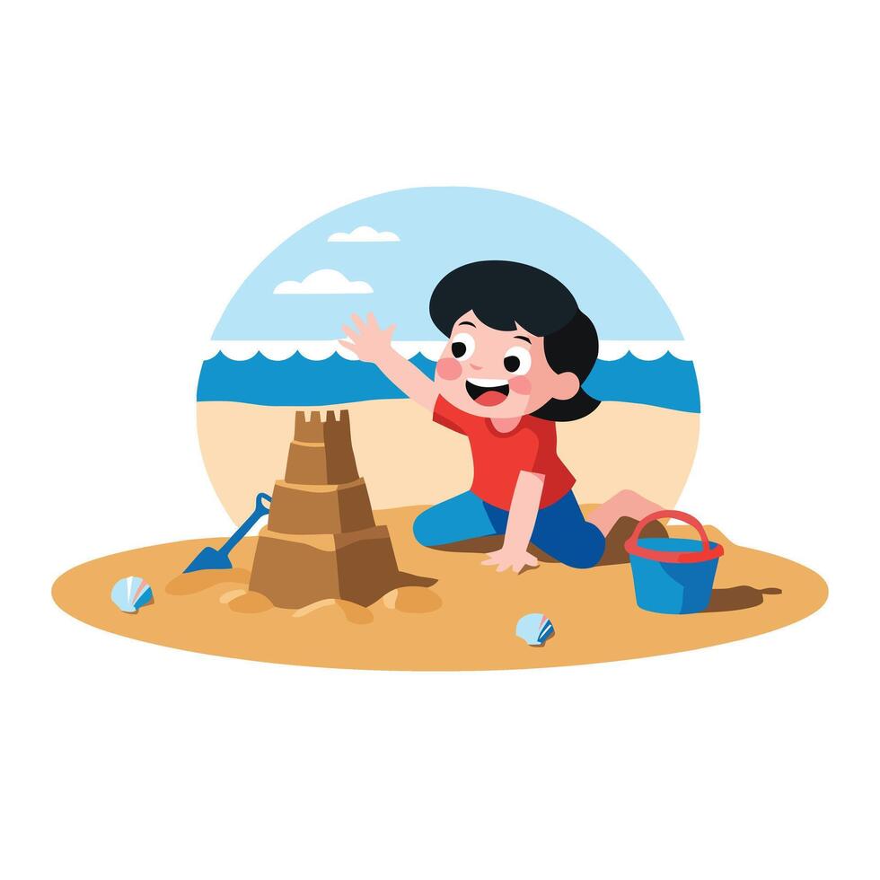 A little girl playing with sand at the beach vector