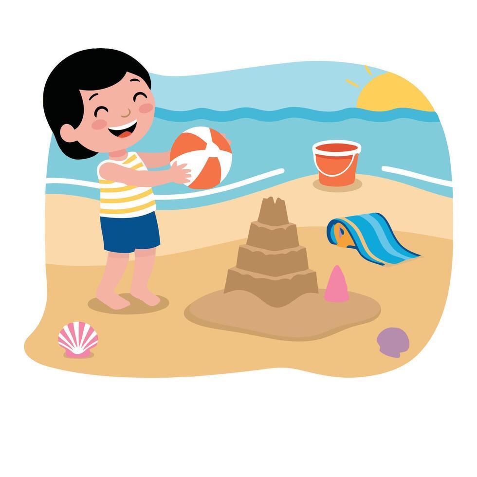A boy playing with sand at the beach vector