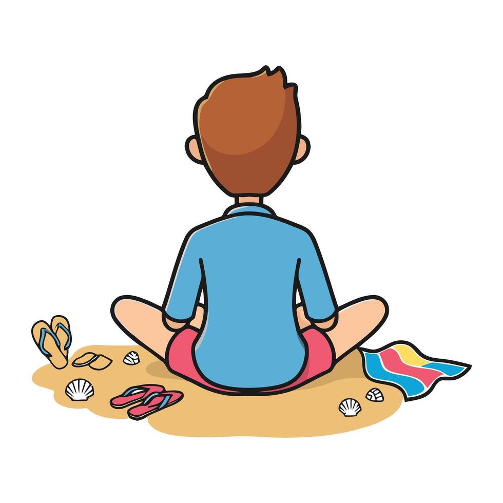 A man sitting on the beach with sandals and other items vector