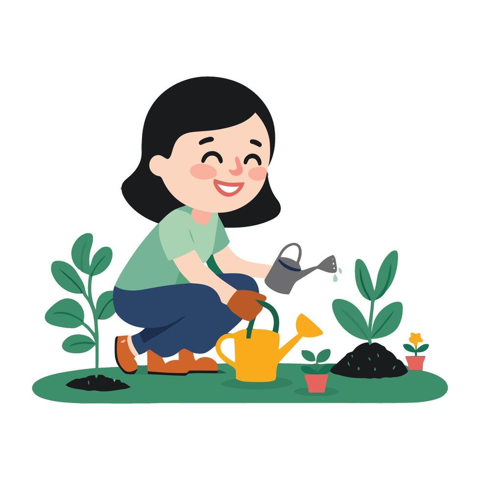 A woman is watering plants in the garden vector