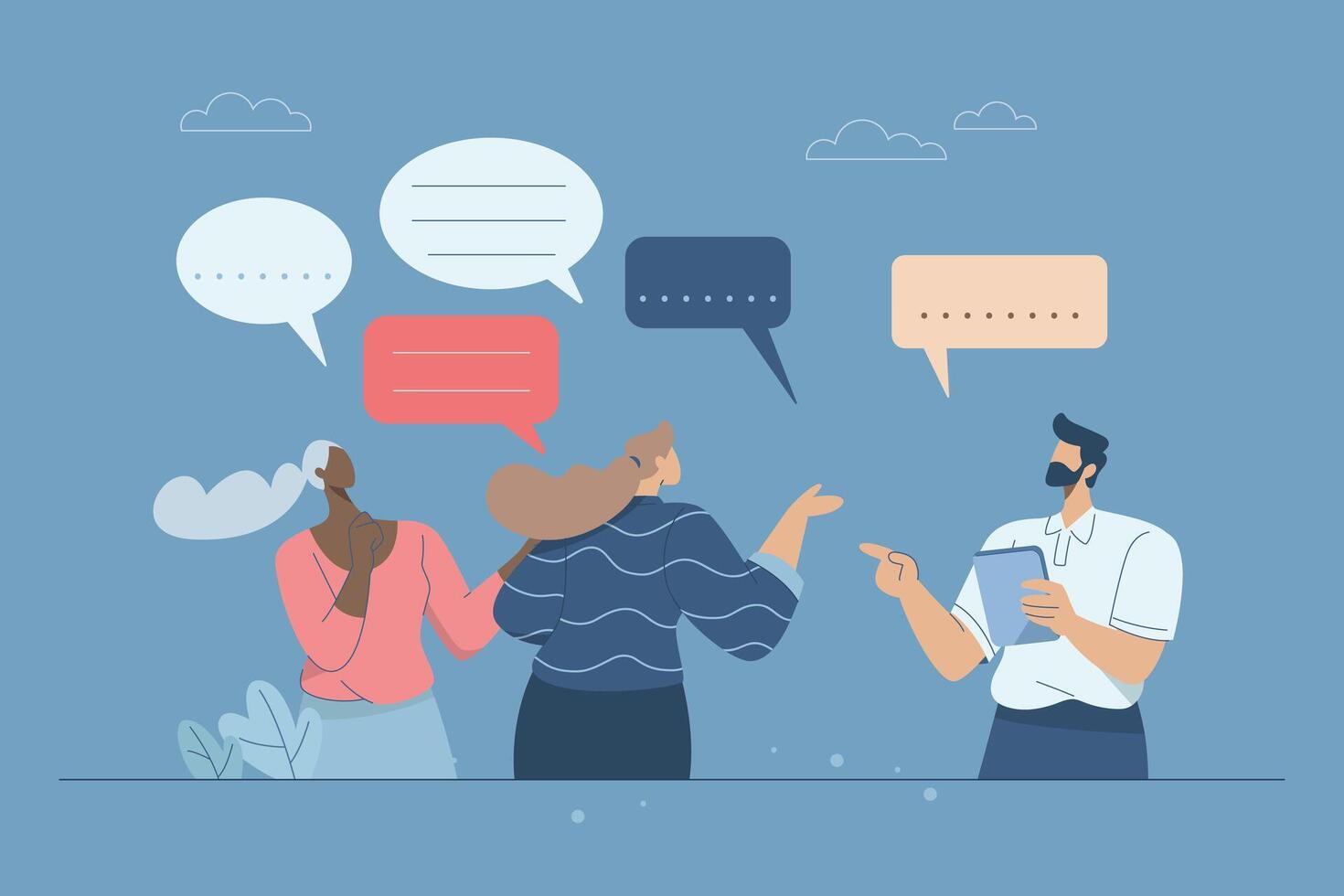 Concept of communication skills, Effective communication and respect in different situations, Expressing opinions effectively in teamwork. design illustration. vector