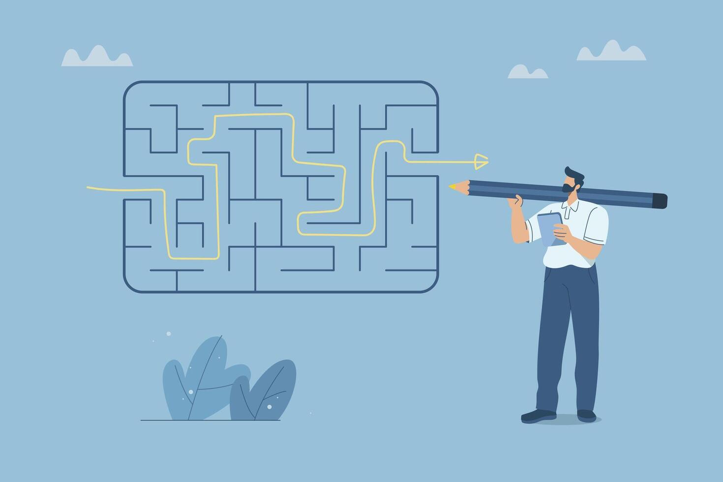 Complex problem solving skills, Businessman holding a big pencil showing how to solve a maze, Solving complex business problems, Intelligence and the ability to overcome difficulties. vector