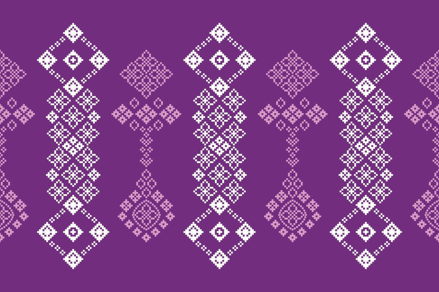 Cross stitch motif pattern design motif with purple violet color background fabric pattern. vector
