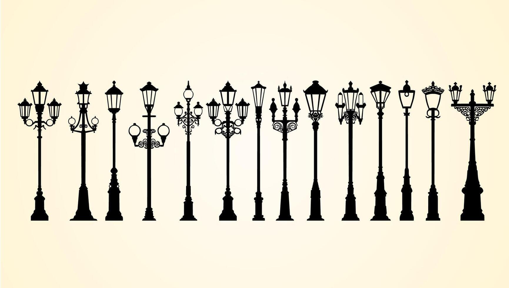 A collection of vintage-style street lamp silhouettes in various ornate designs. vector