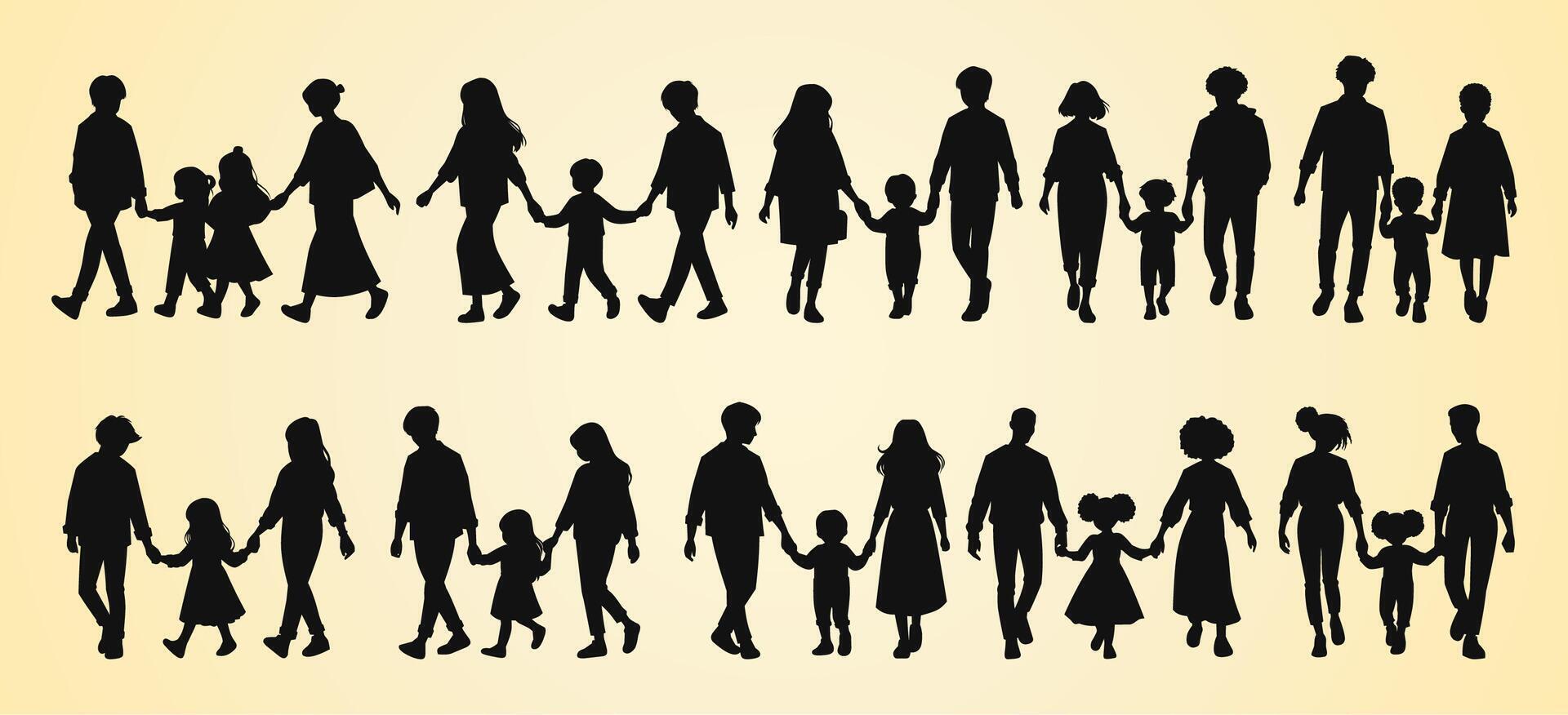 Silhouettes of diverse families holding hands, showcasing unity, togetherness, and connection. vector