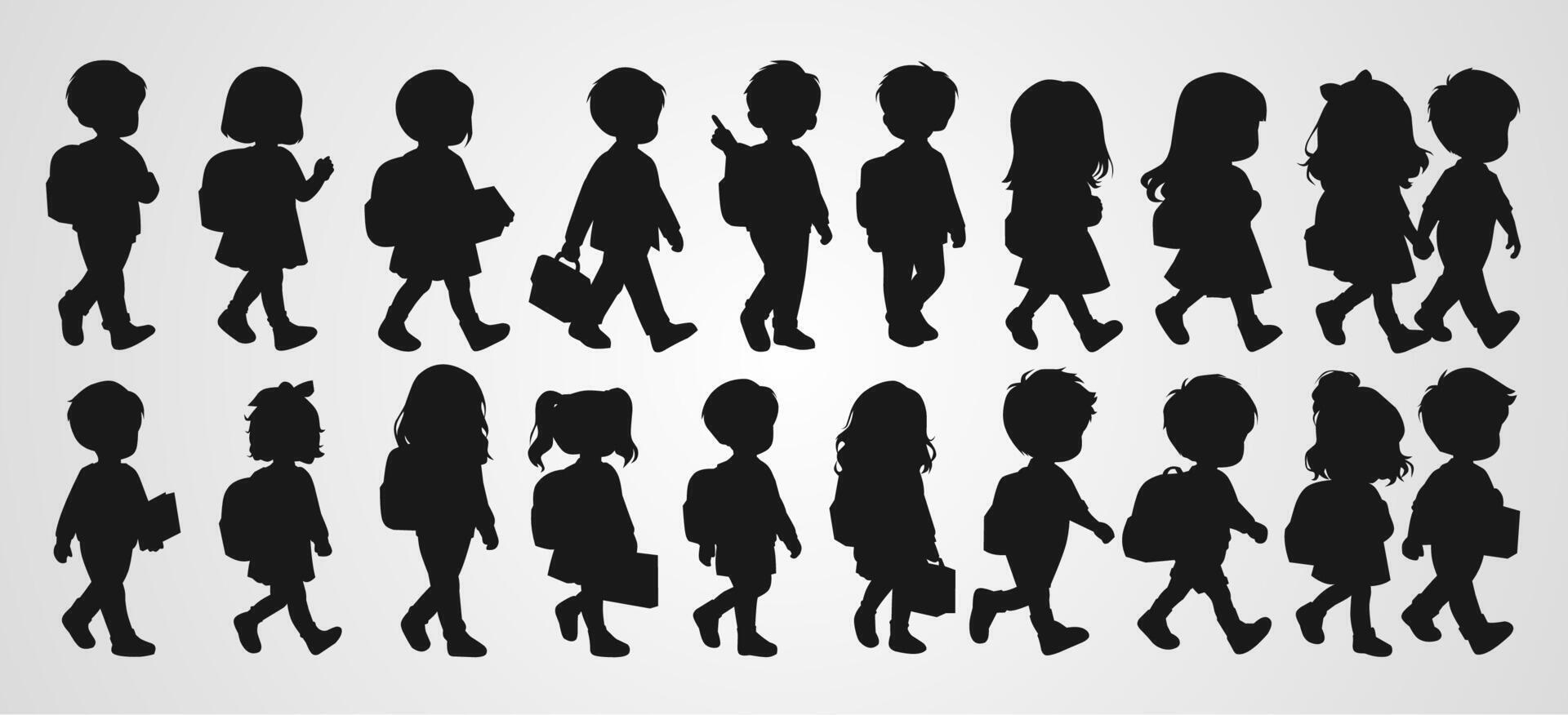 Silhouettes of children carrying bags, walking together, symbolizing school life and friendship. vector