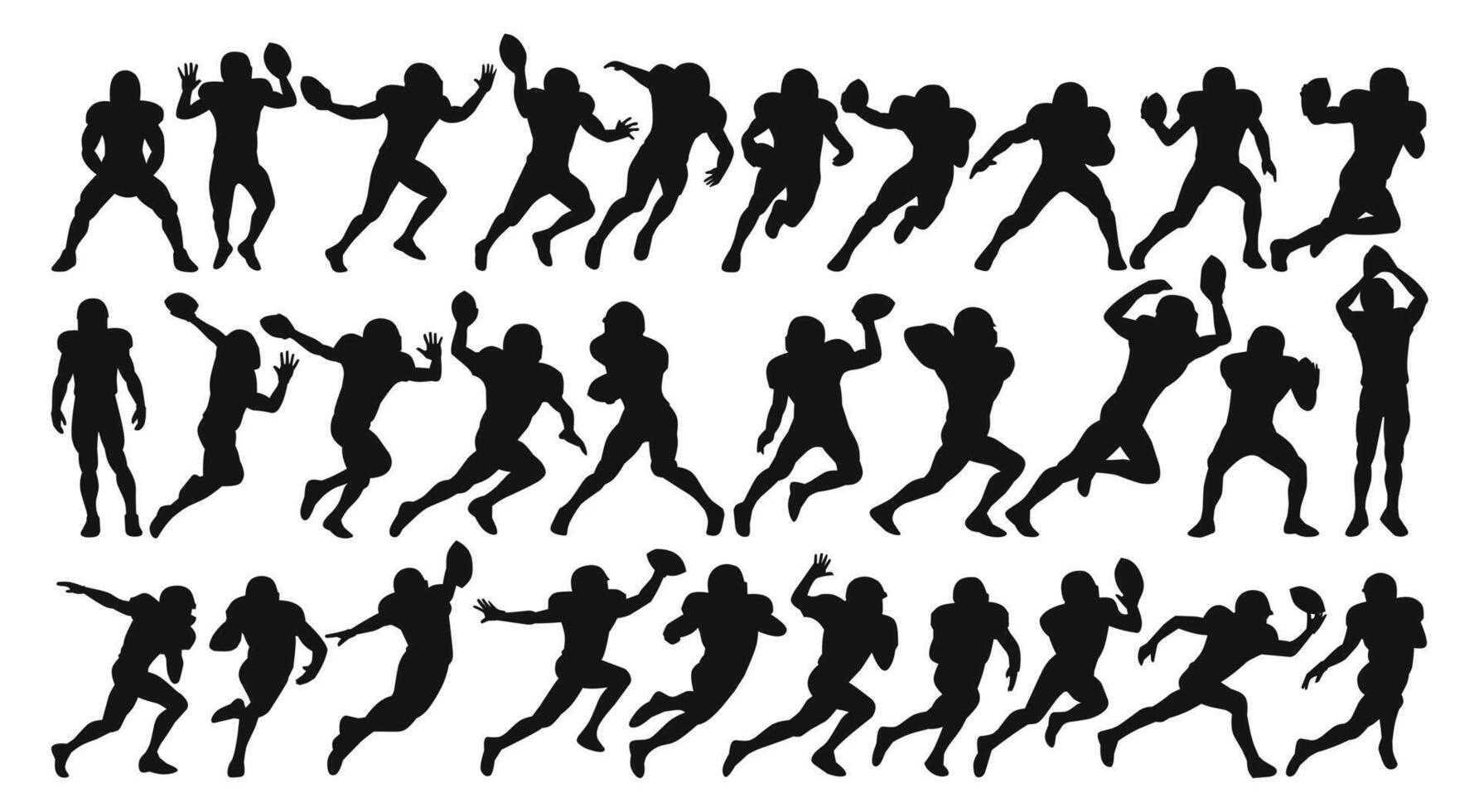 Silhouettes of American football players in various action poses, capturing dynamic movements. vector