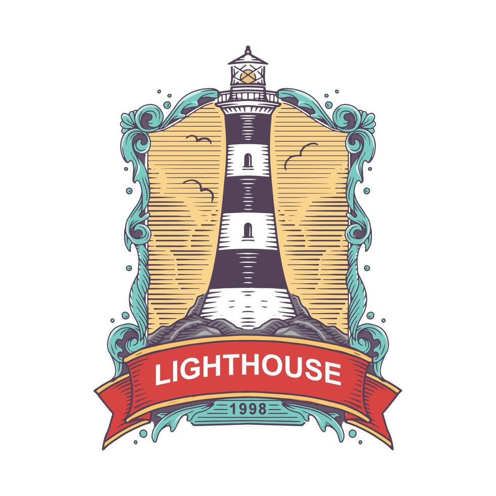 Vintage Nautical Label Featuring Lighthouse with Ornate Frame and Coastal Theme vector