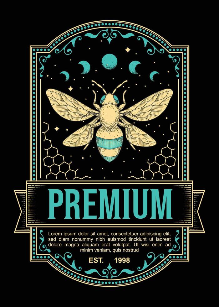 Premium Vintage Label Featuring Celestial Bee with Honeycomb and Ornate Frame vector
