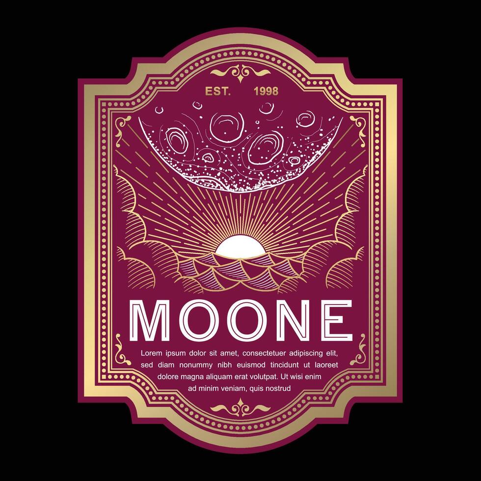 Vintage Cosmic Label with Moon and Sunrise in Elegant Gold Frame vector