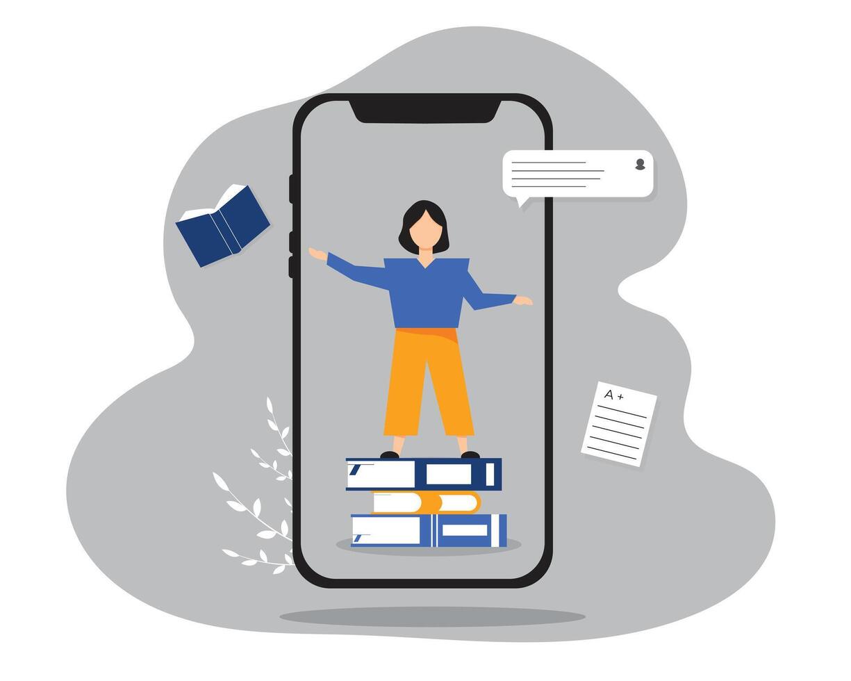 Work and education online. Person on smartphone with books vector