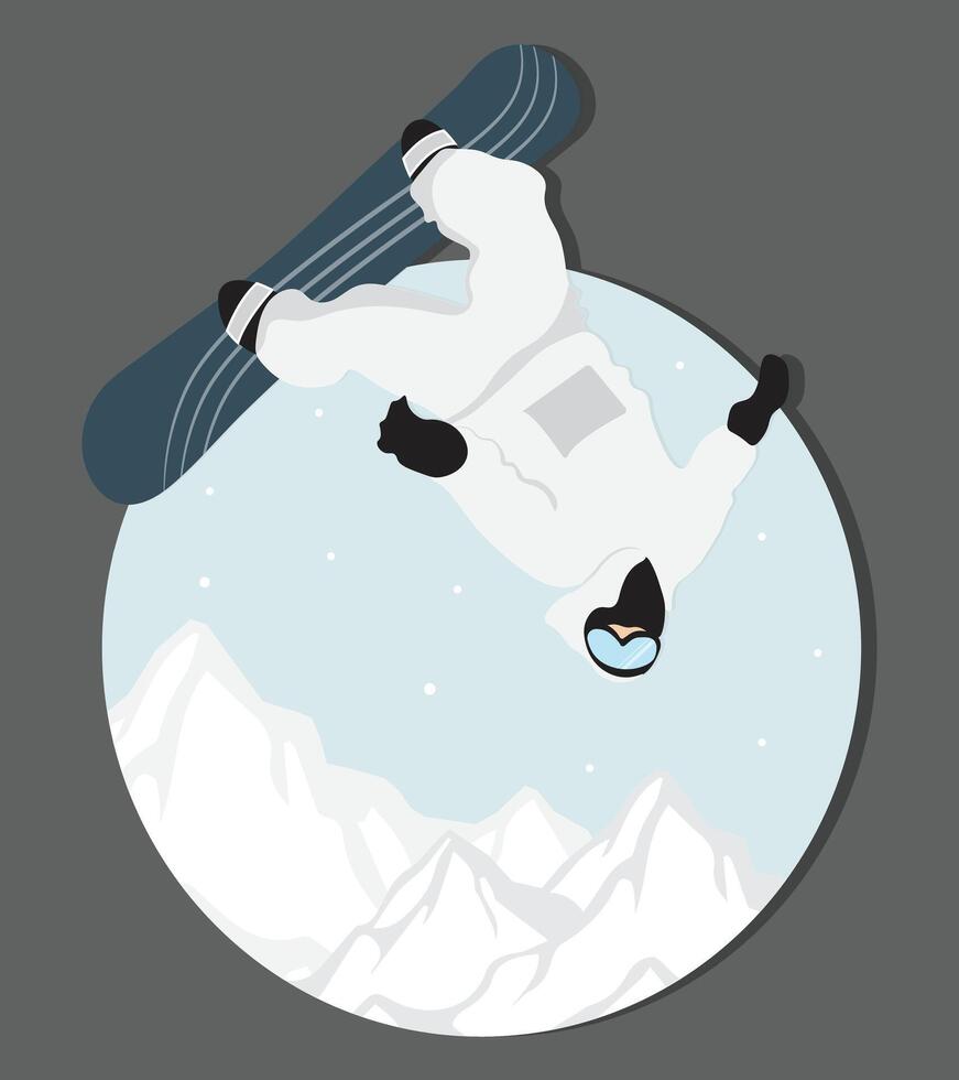 snowy mountains and forests, person with snowboard vector