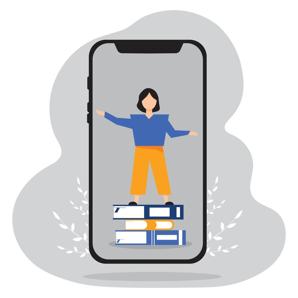 Work and education online. Virtual classes, chat windows, laptop, smartphone. illustration. Person standing on books vector