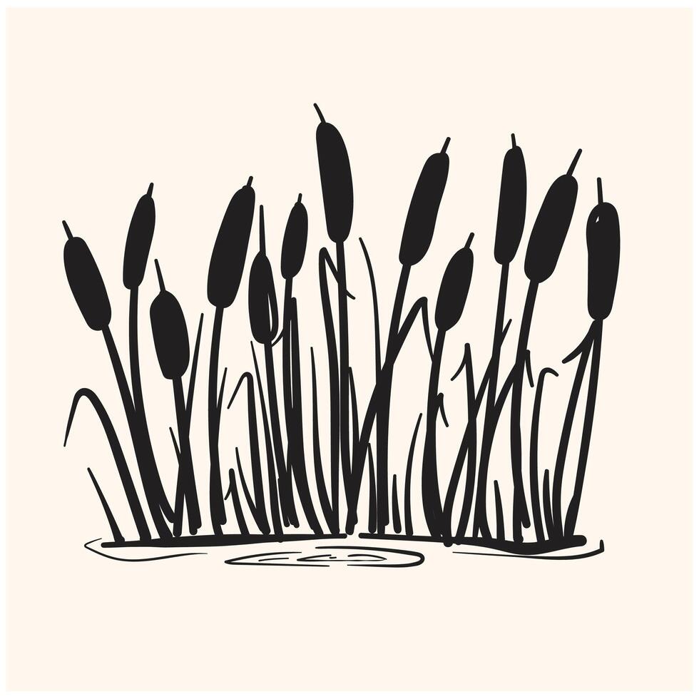 Real reed silhouette With illustration style doodle and line art vector