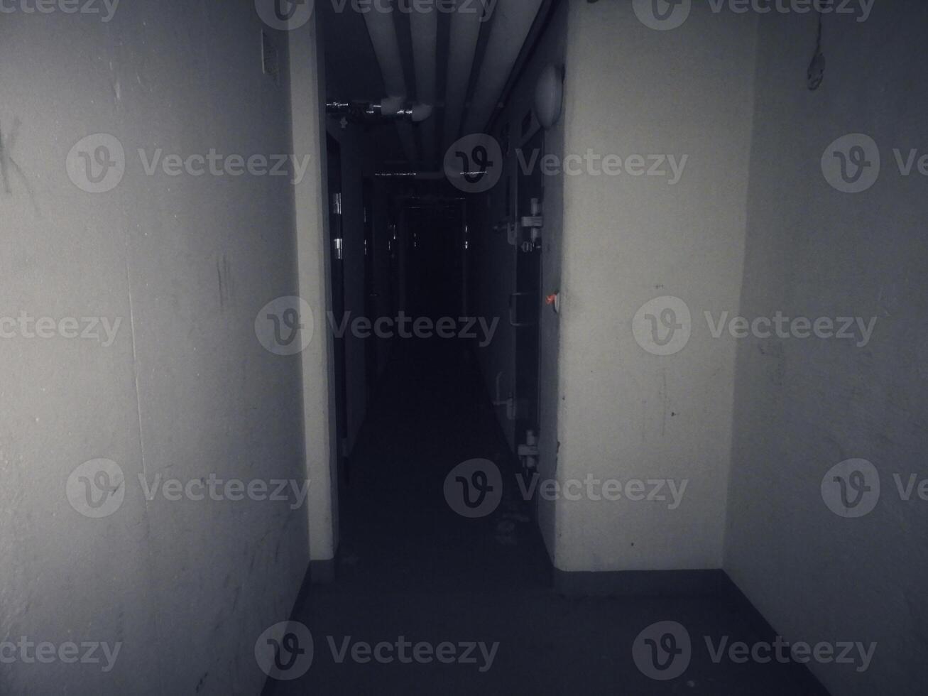 A dark hallway with a light coming from the end photo