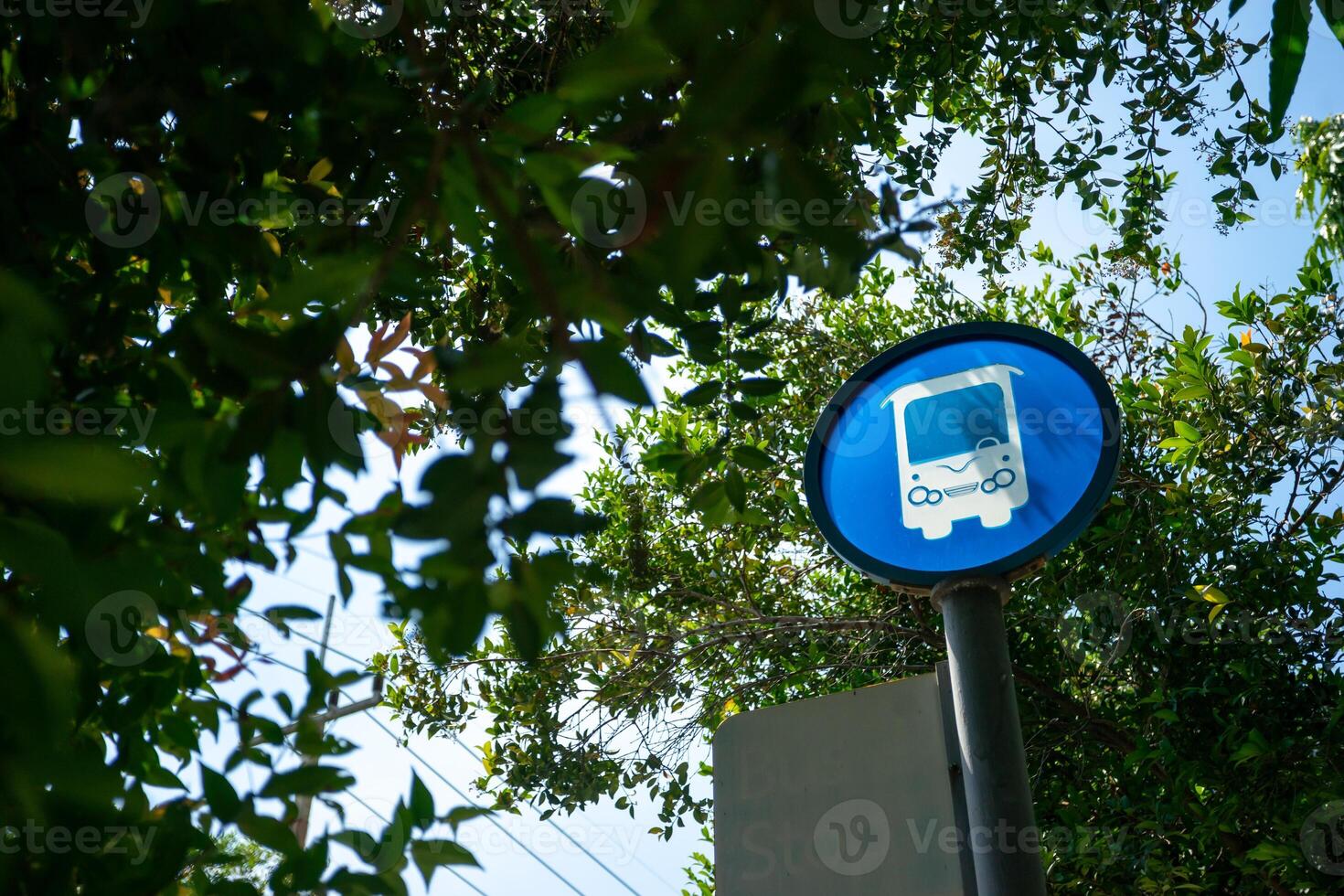 A blue and white sign on a pole photo