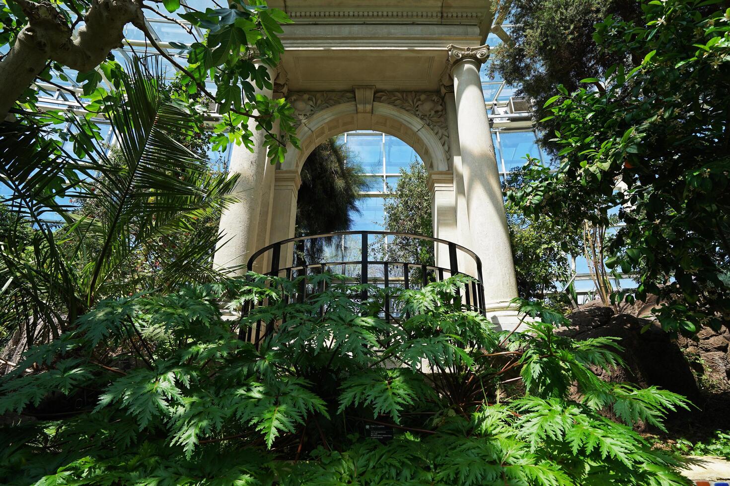 Architecture of terrace patio and natural fountain decorated in Climatron geodesic conservatory dome at Missouri Botanical garden- St.Louis town, MO photo