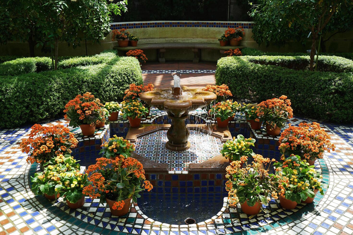 Architecture of terrace patio and natural fountain decorated in Climatron geodesic conservatory dome at Missouri Botanical garden- St.Louis town, MO photo