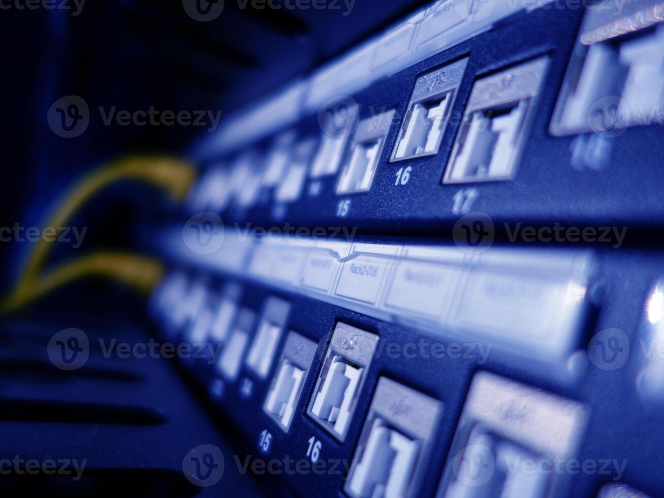 A close up of a computer server with multiple wires photo